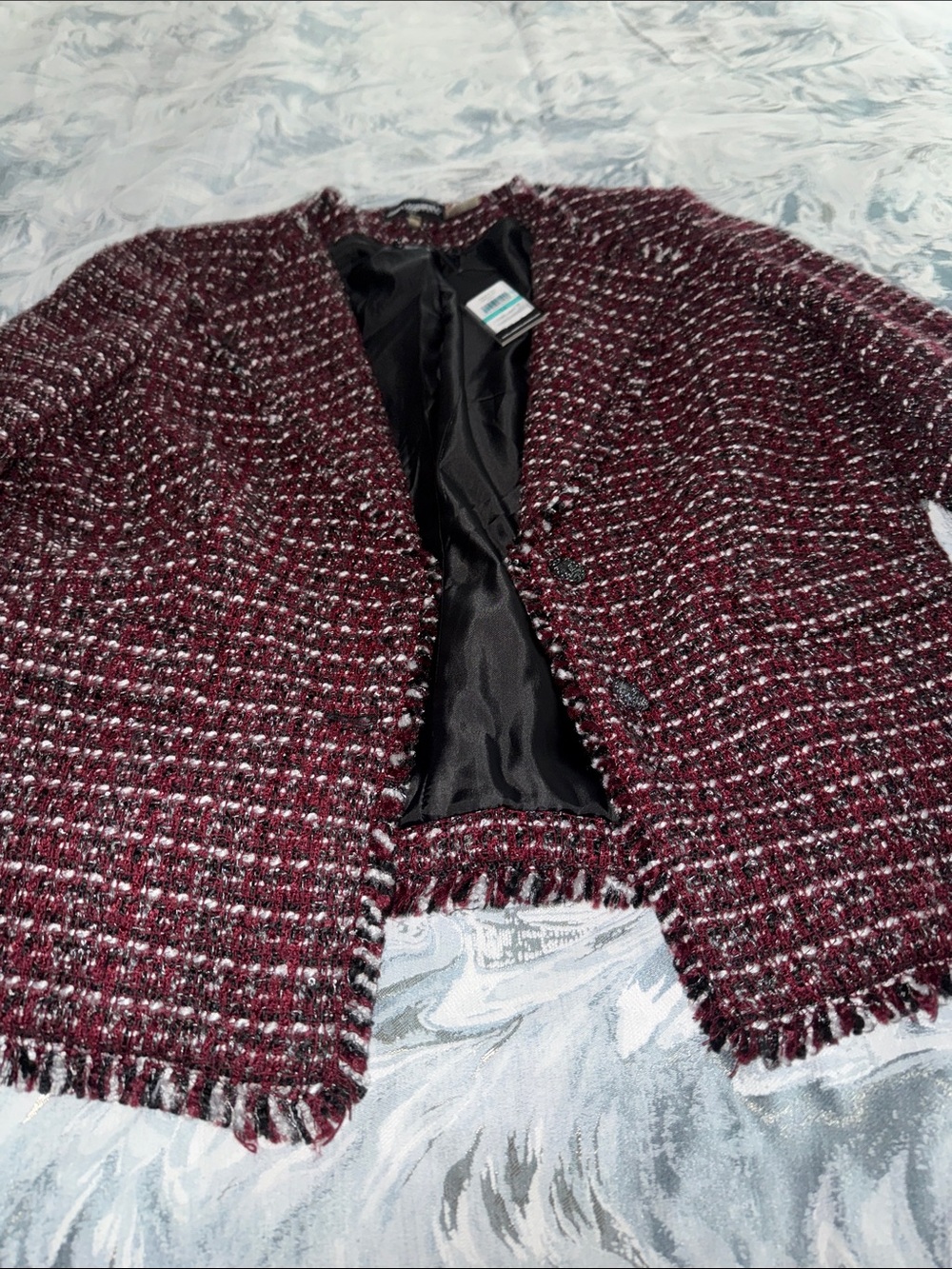 Women's Tweed Fringe Open-Front Jacket - Burgundy